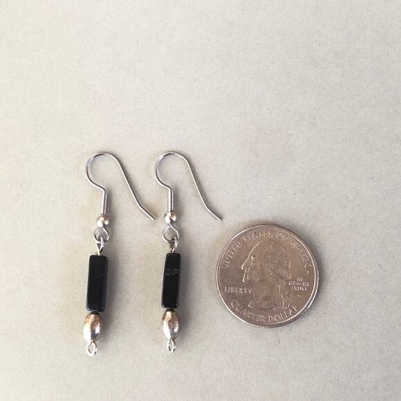 Black Onyx Hook Earrings Silver Tone Handmade Gift Boho Gemstone - Picture 4 of 5